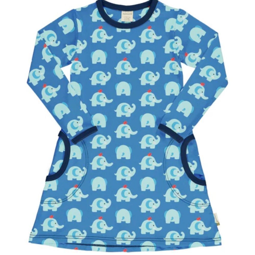 Maxomorra Blue Elephant Print Long Sleeve Dress Sz 110/116